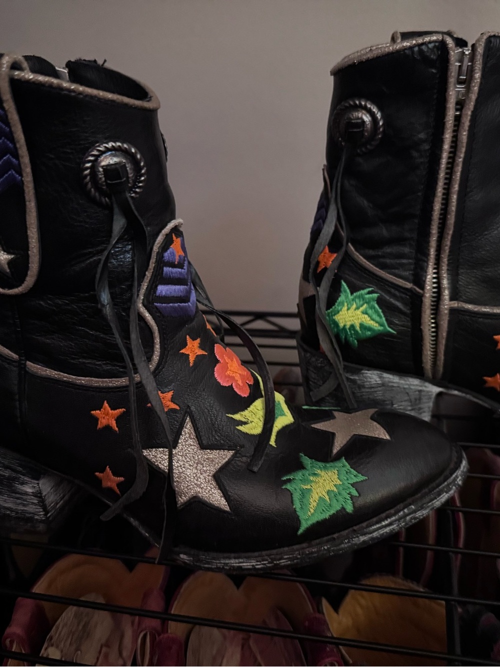 MEXICANA Black Leather Embroidered Floral & Star Ankle Boots - Picture 2 of 3